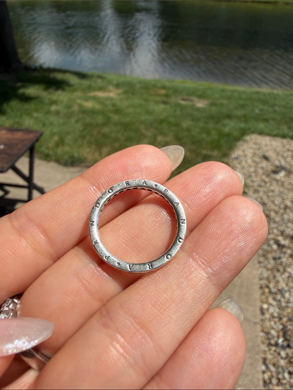 Pandora Silver Circular Ring Charm with Stamped Logo